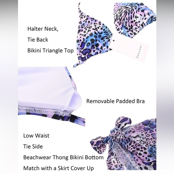 NEW Ekouaer Large Triangle Bikini Set Cover Up Tie Dye Animal Print Pastel Pool - Picture 4 of 16